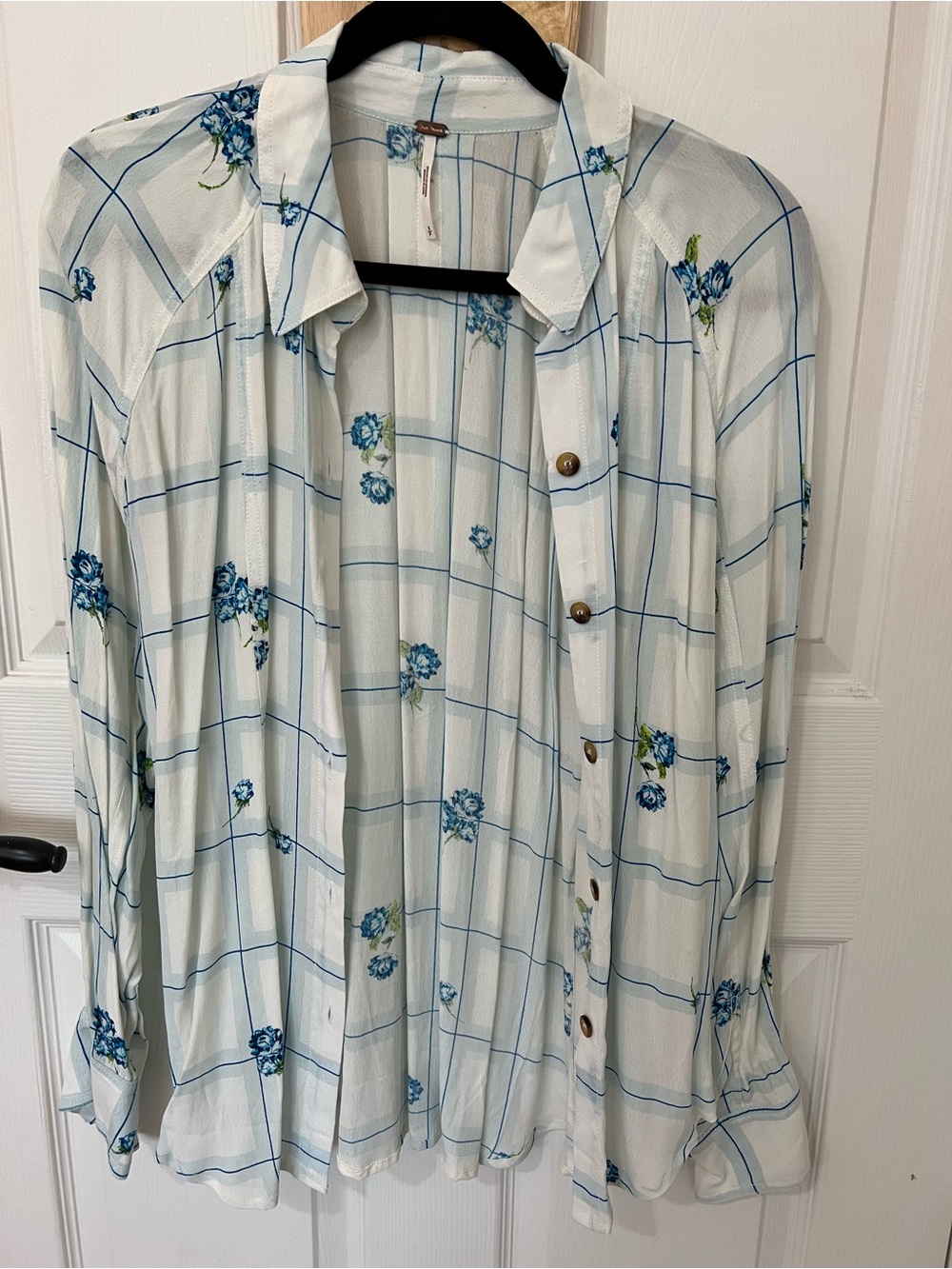 Free People White Button-Up Shirt with Blue Floral Grid